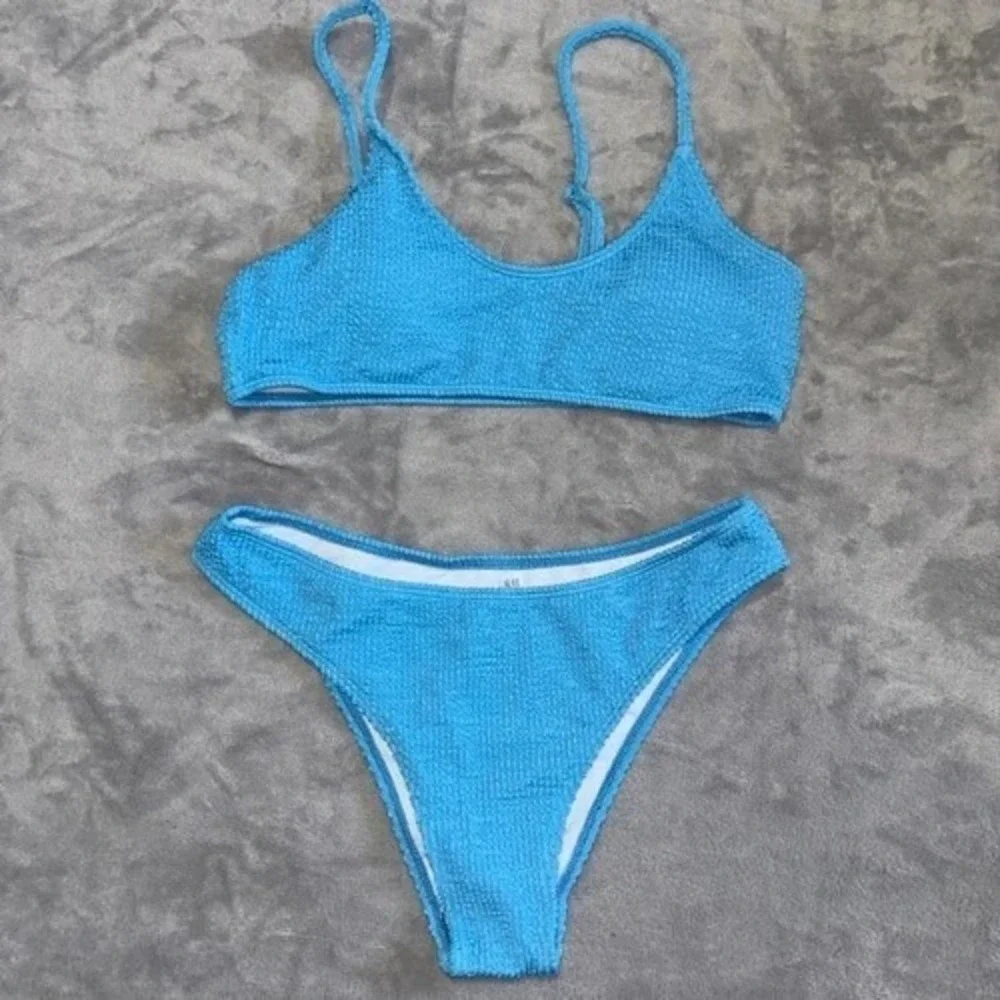 Womens Swimsuit Bikini Set Large Blue Popcorn‎ Texture Stretch High Leg Cheeky